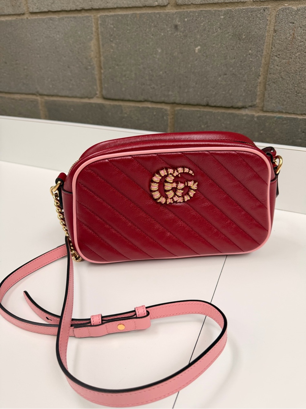 Gucci Red Quilted Shoulder Bag with Pink Strap and Gold GG